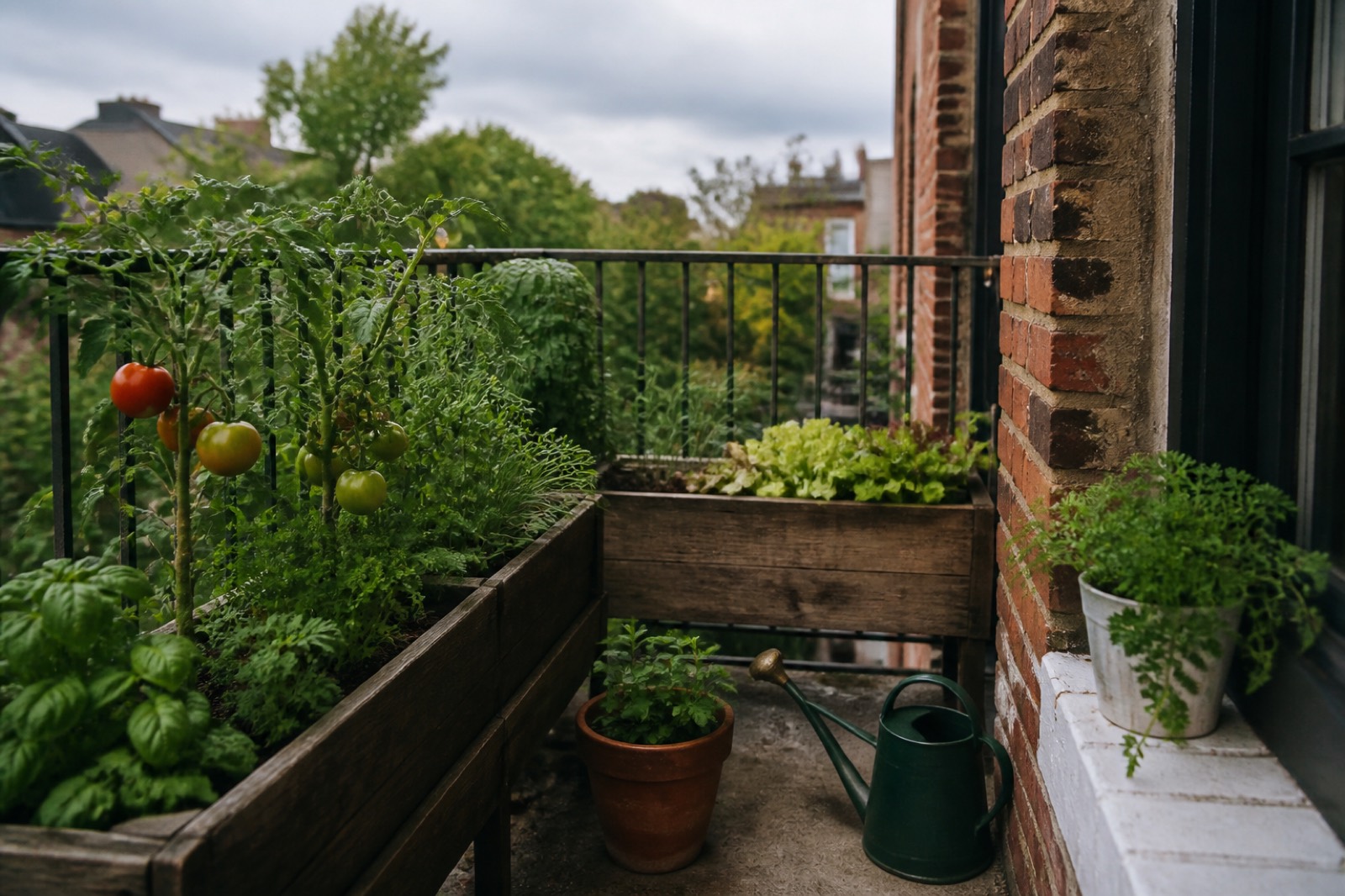 Tomato and herb plants growing in wooden containers on a small urban balcony