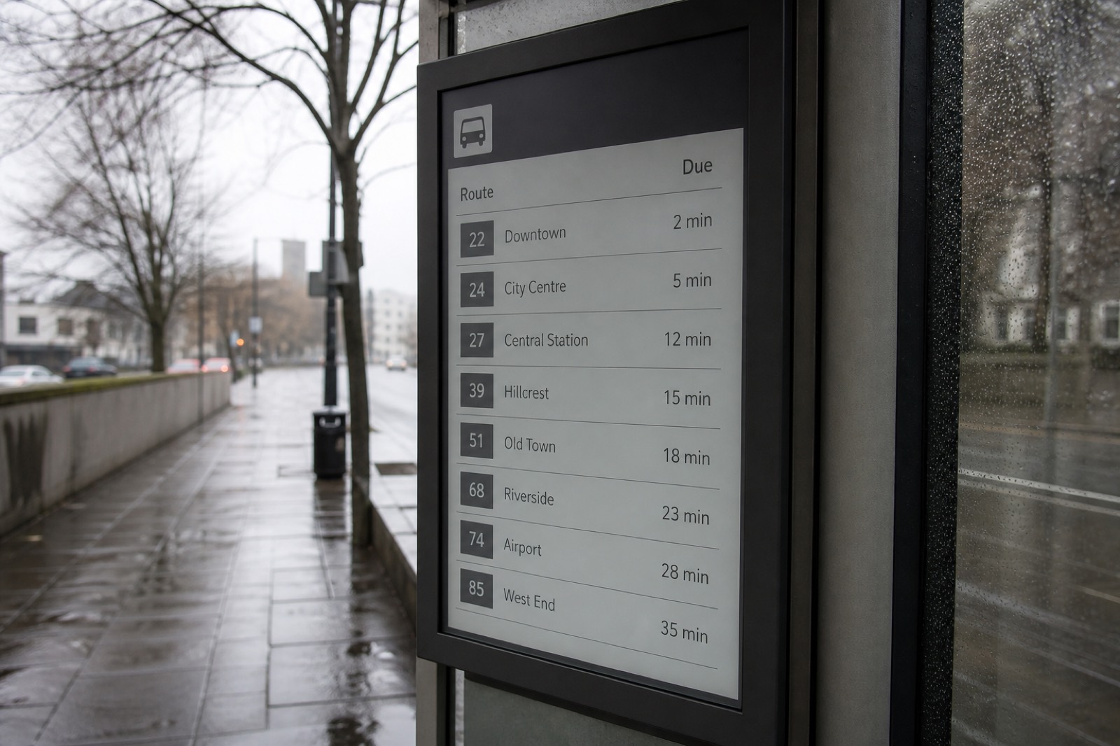 A matte public information screen at a bus stop on a wet pavement