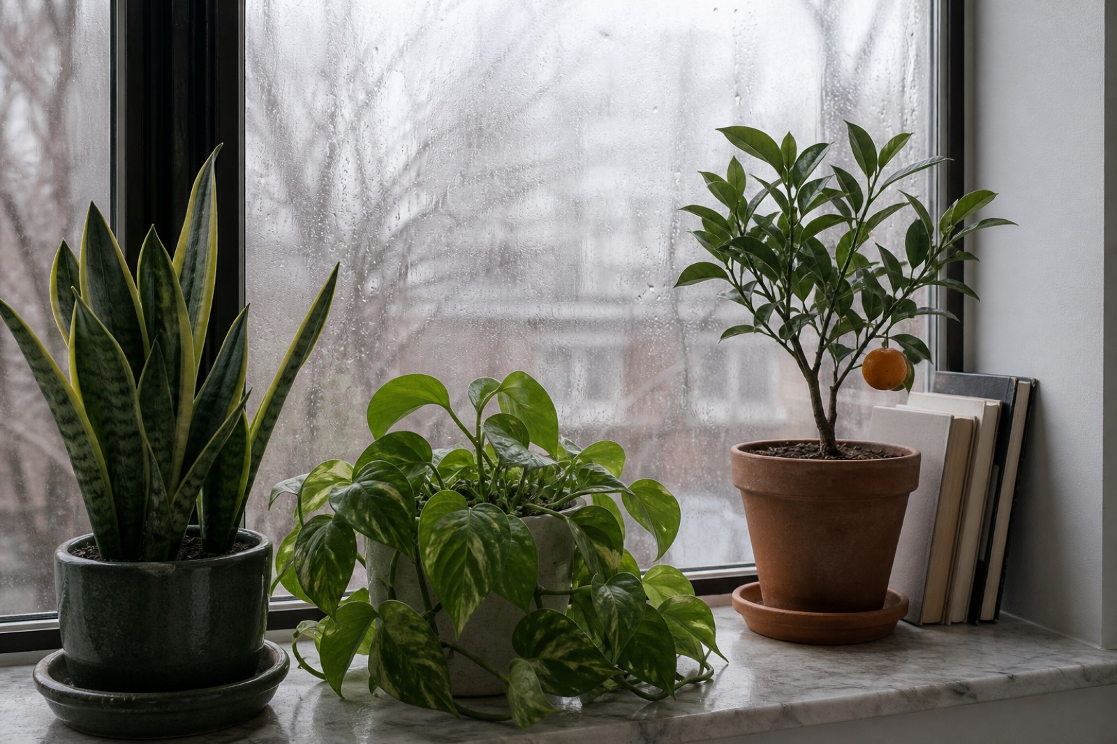 Houseplants on a windowsill in winter daylight, with condensation on the glass