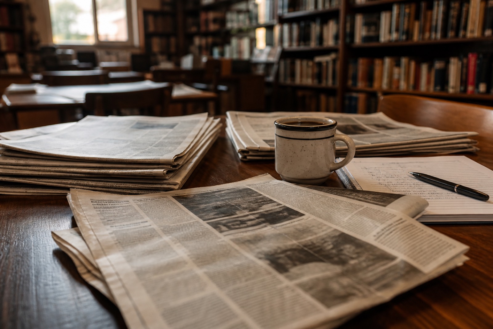 Newspapers and a notebook on a wooden table in late afternoon light