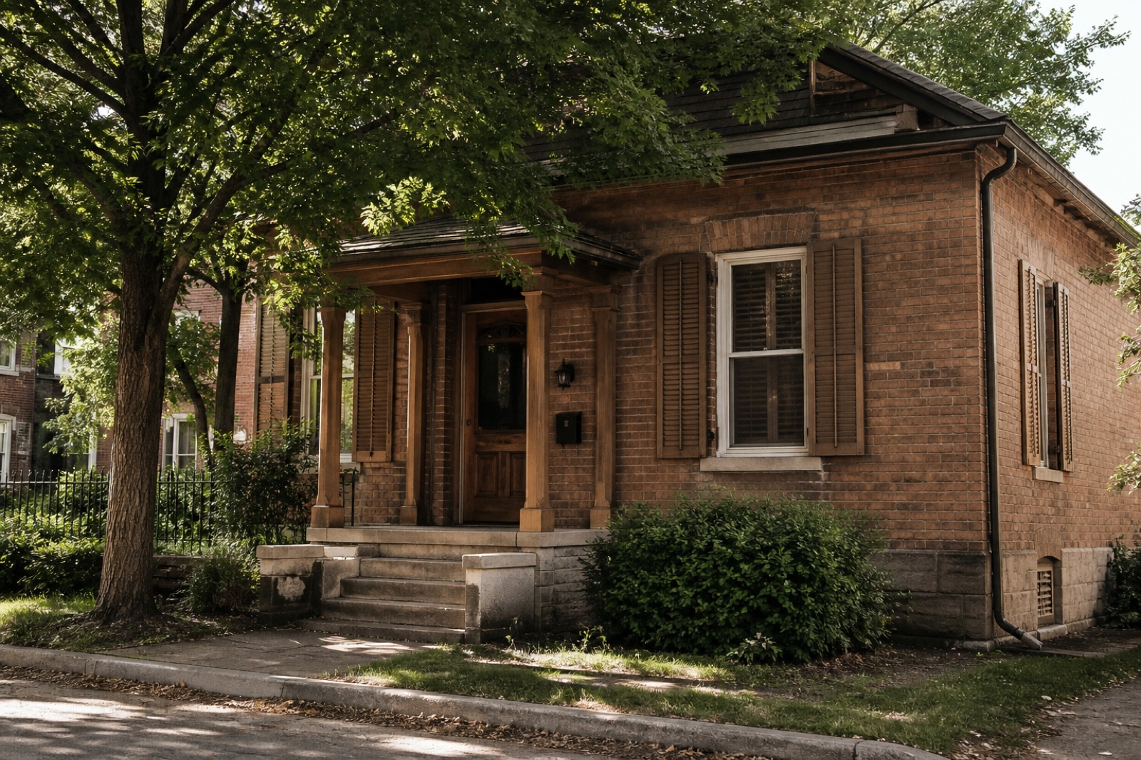An older brick house with wooden shutters closed against summer sun