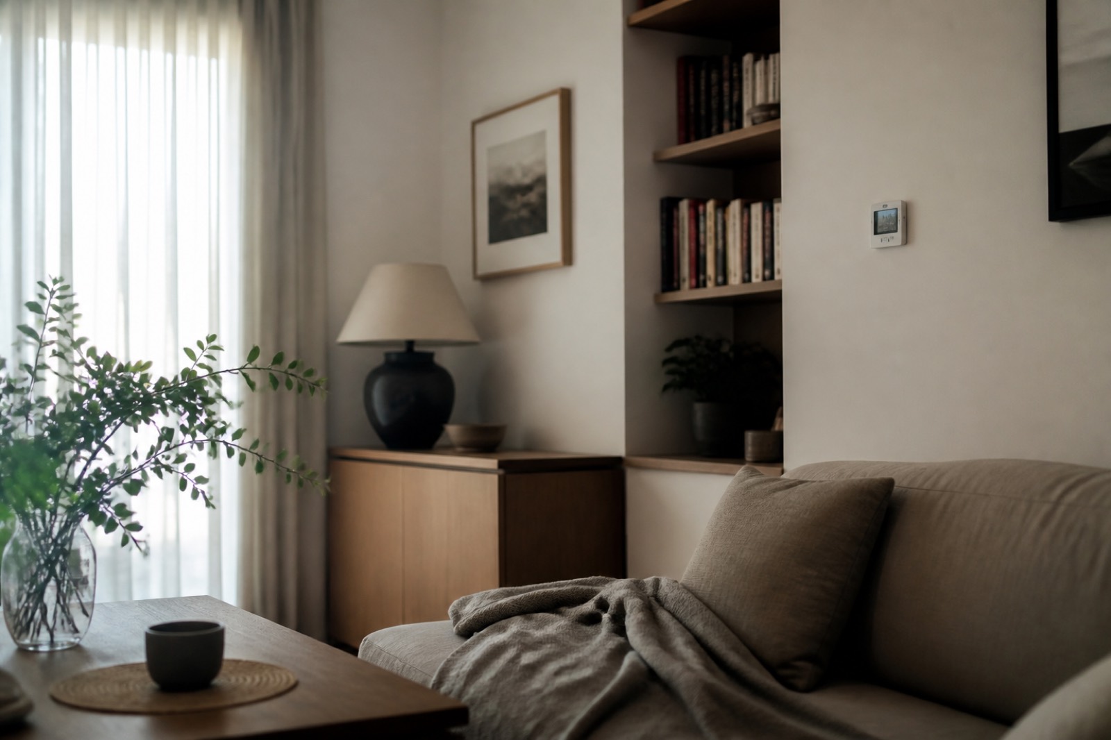 A lived-in living room with a discreet wall thermostat and bookshelves