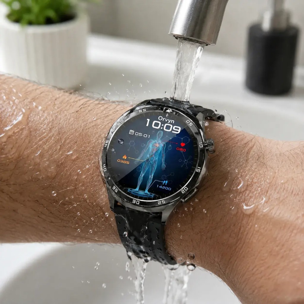 Orvyn wodoszczelny smartwatch pod bieżącą wodą