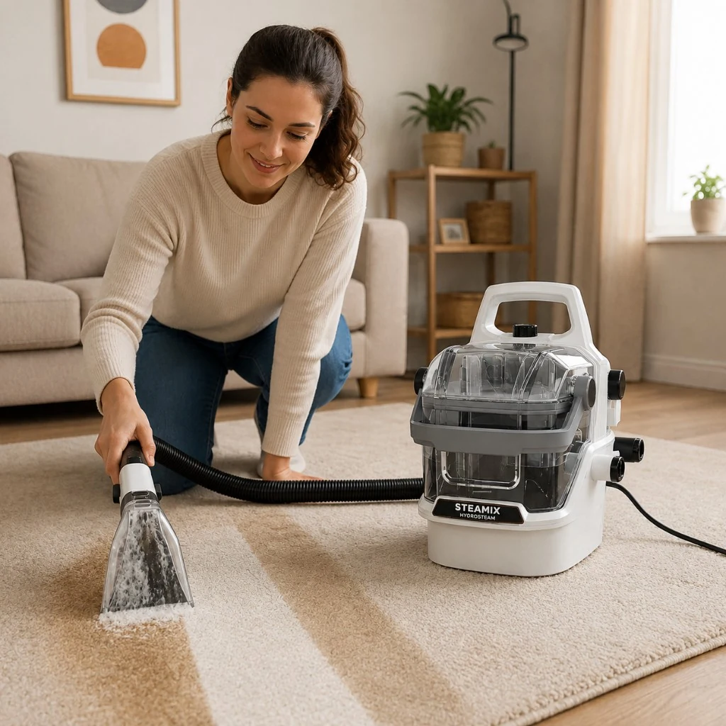 Steamix Hydrosteam cleaning a living-room rug with high-temperature steam