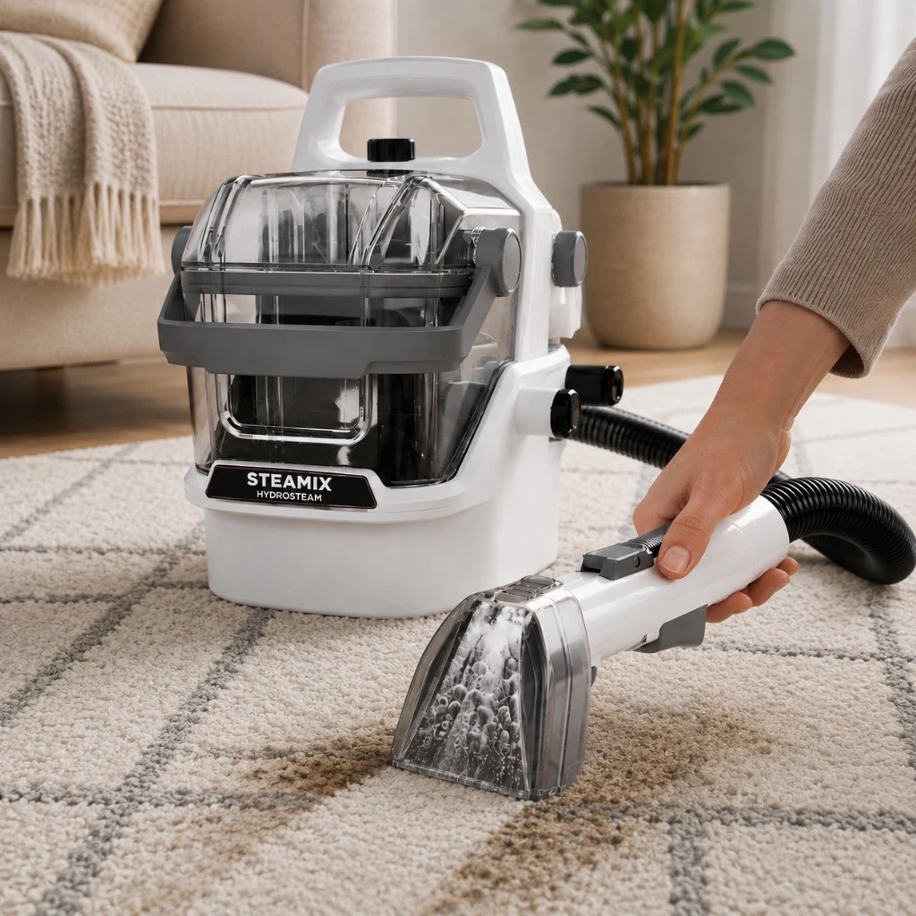 Steamix Hydrosteam handheld nozzle lifting a stain from a living-room rug